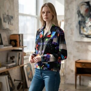 Mel Warshaw Button Up Shirt Womens 24 Multi Color Geometric Pixel Art Vintage